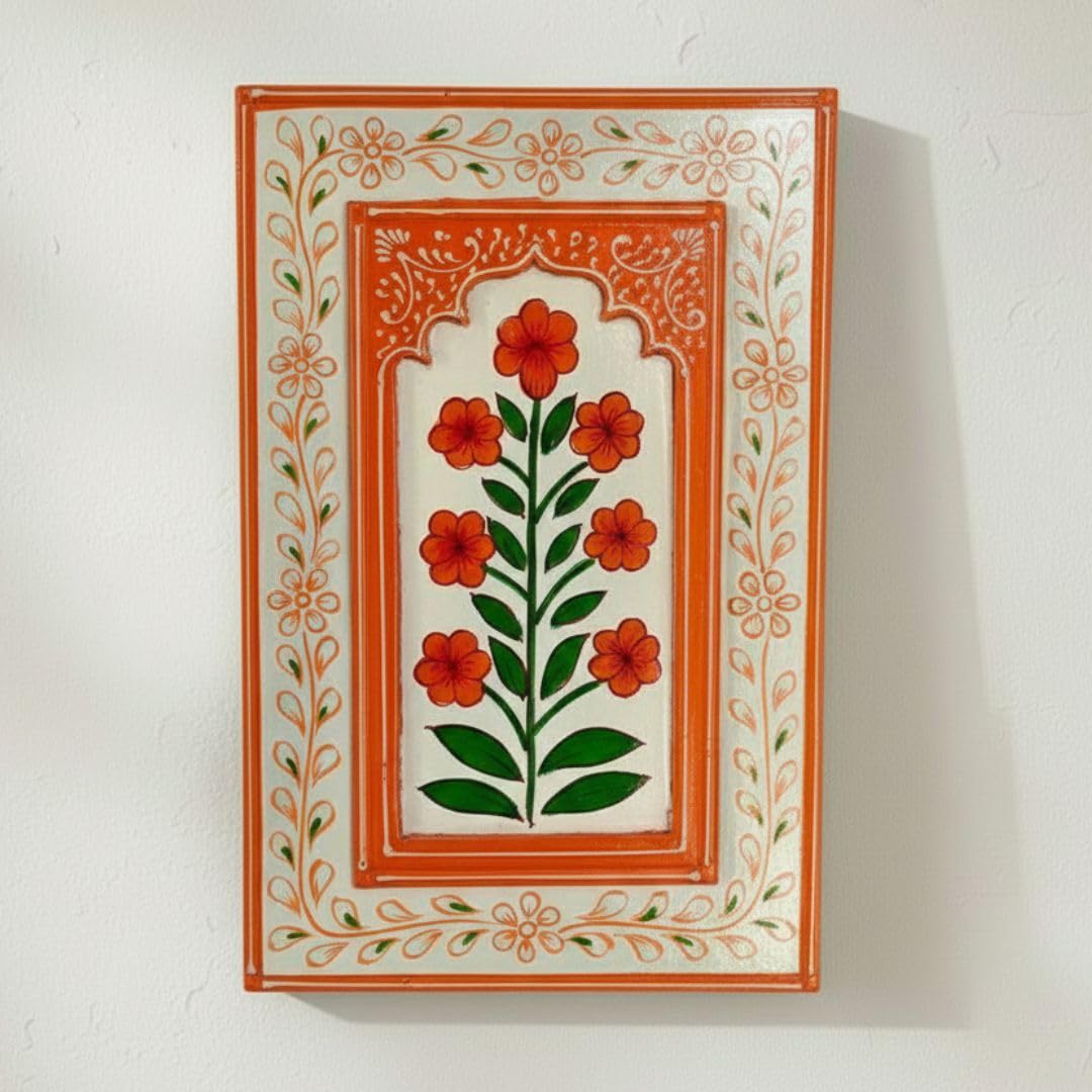 ATRANGI STUDIO Heritage Bloom Trio Wooden Wall Frame (Pack of 3) | Handpainted Jharokha Style Floral Wall Hanging | Rajasthani Traditional Art | Framed Wall Painting for Living room, Bedroom, Office | 12×8 Inch
