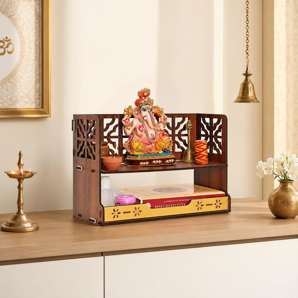 GKD Aastha Compact Wooden Pooja Mandir for Home & Office | Small Table Top & Wall Mounted Wooden Temple Stand with Golden Acrylic Elegance | Devghar (H-8 x L-12 x W-5.5 Inch)