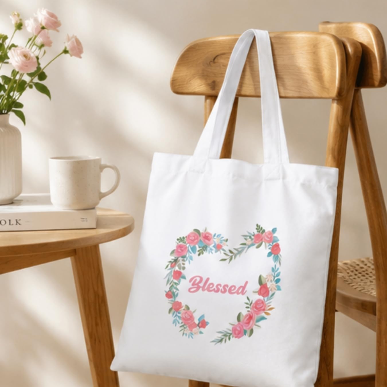 Adorvue Premium Reusable Floral Wreath Blessed Tote Bag Stylish Eco-Friendly Cotton Handbags, Canvas Bags for College, Shopping, Office, Travel, Grocery Runs, Beach Day and Casual Outing Pack of 1