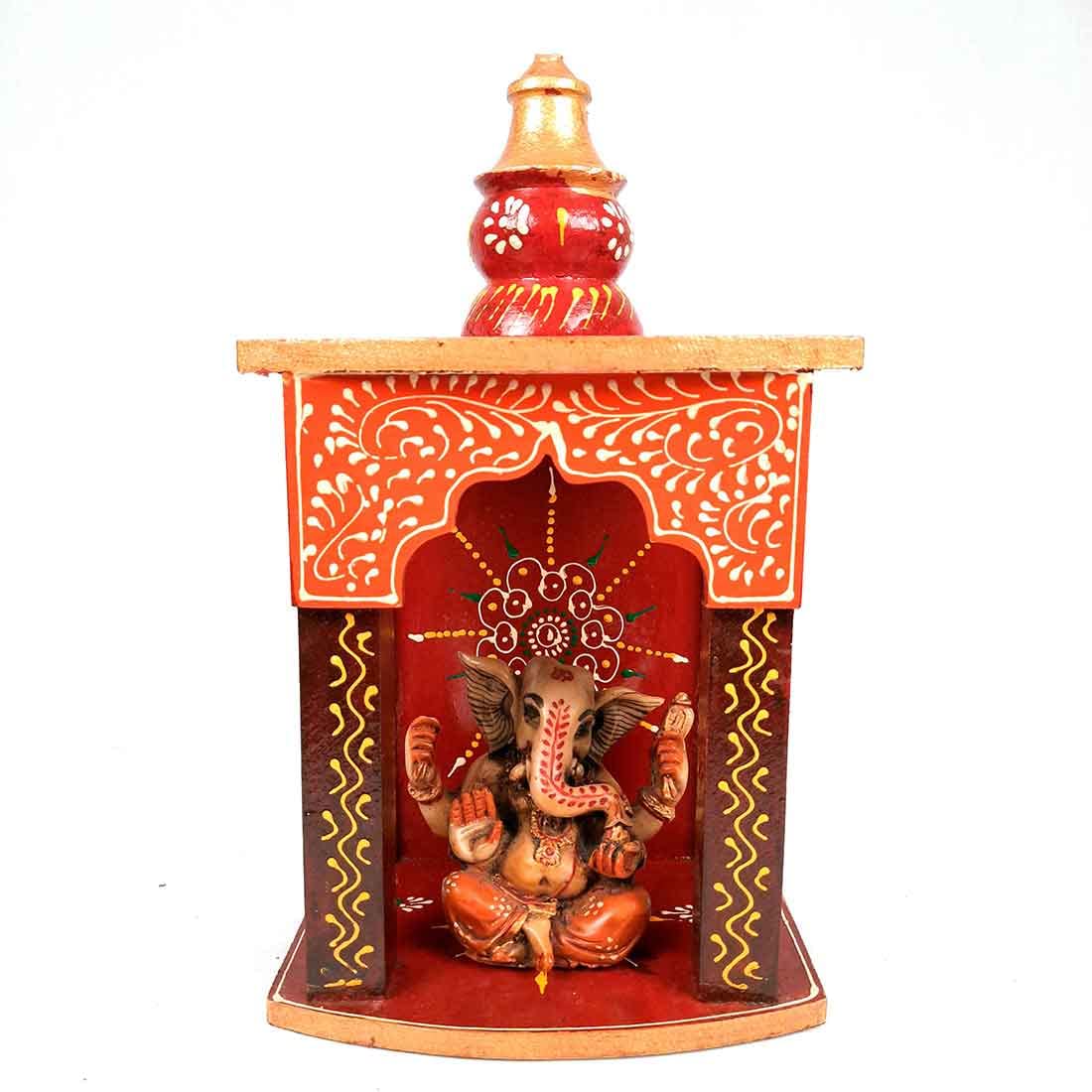 Apka Mart The Online Shop Pooja Mandir for Your Puja Ghar | Wooden Wall Hanging Puja Stand | God Temple for Home Office & Shop with Detachable Gumbad - 10 Inch