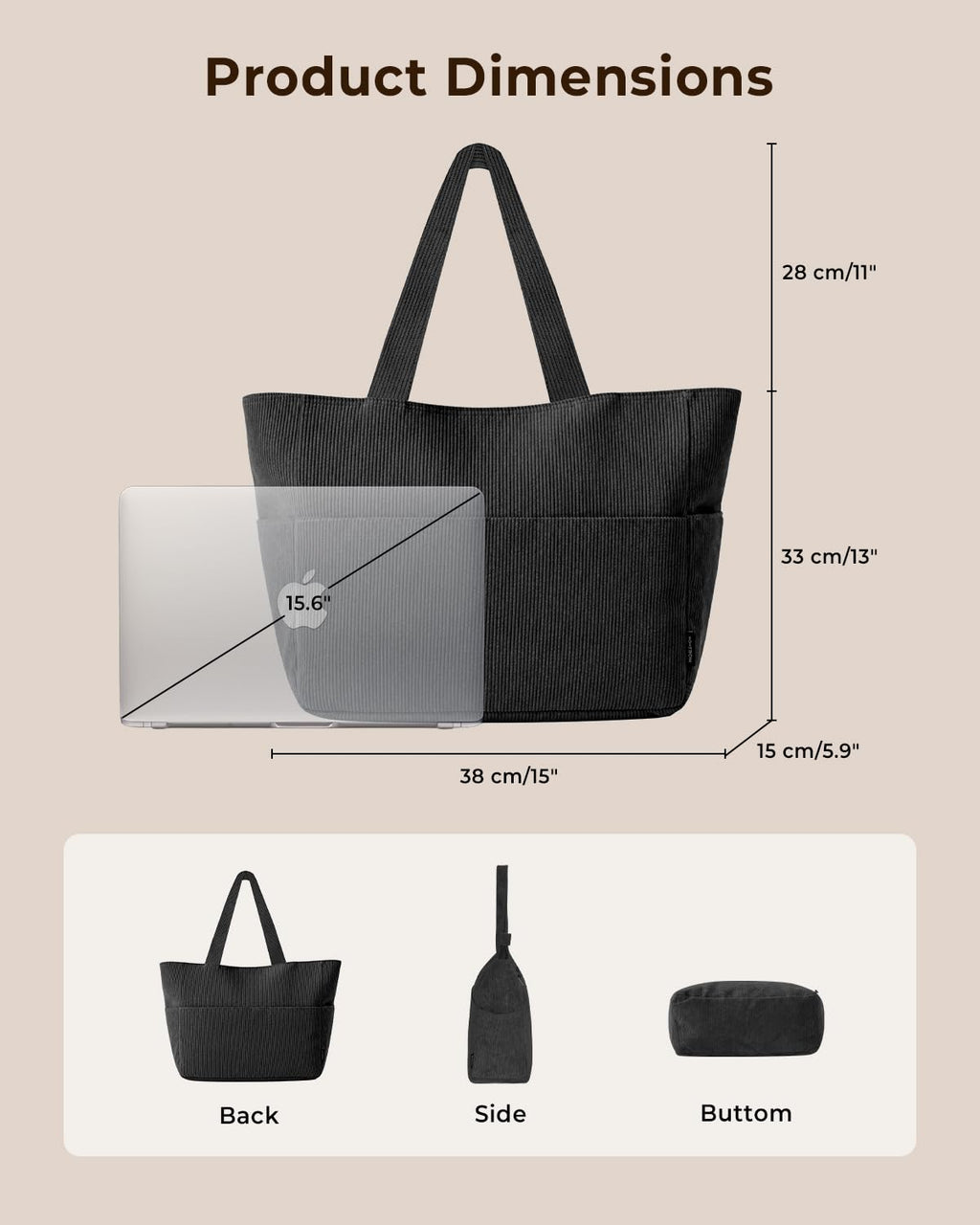 Batfield Large Tote Bag for Women with Zipper & 9 Compartments, Casual Corduroy Shoulder Bag, Lightweight Foldable Travel Handbag for College, Work, Shopping & Daily Use (Black)