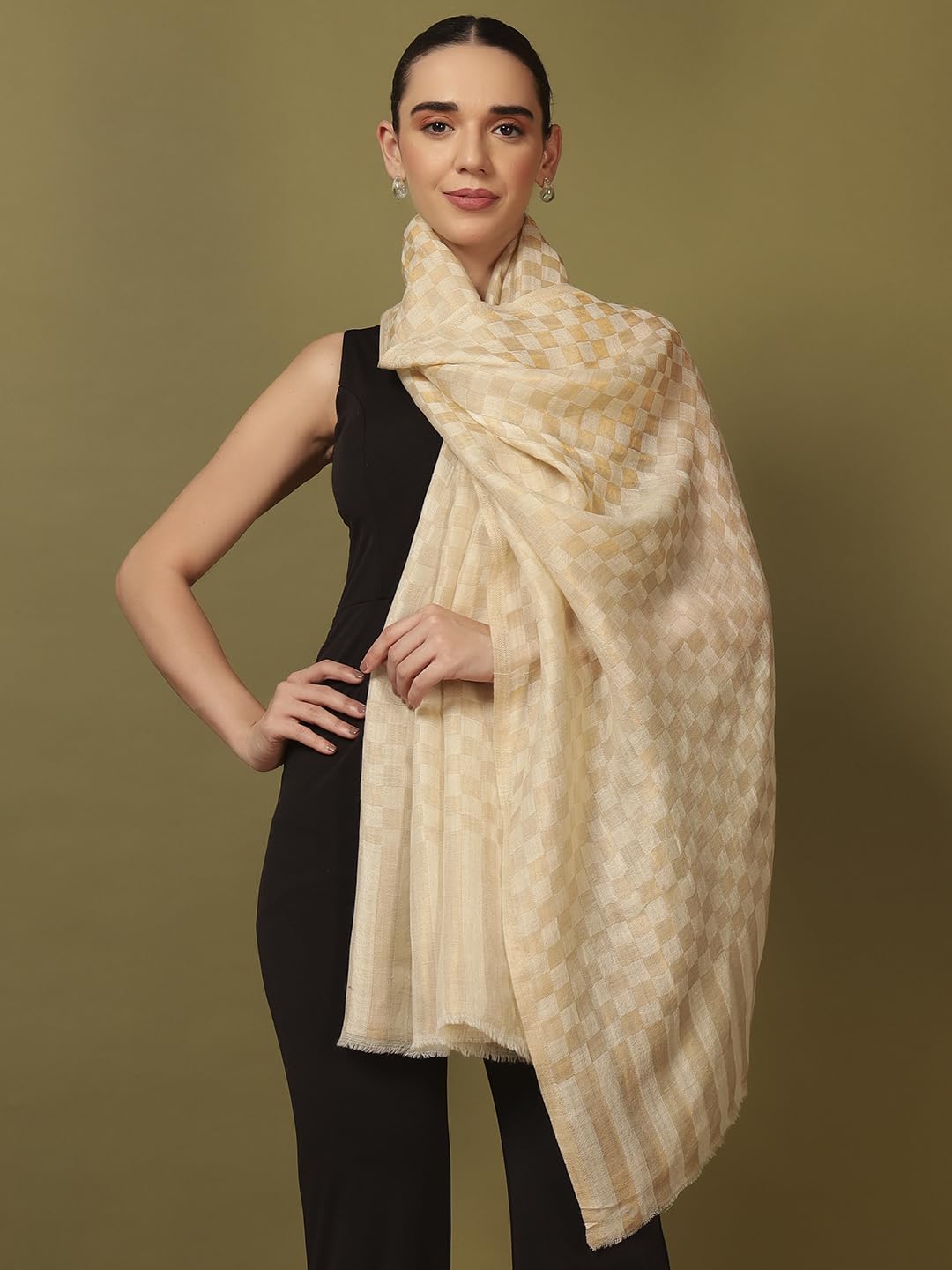 Pashmoda Women Champagne Check Reversible Zari Moonlight Fine Wool Stole (Size : 28x80in, 71X203cm) ZSST02