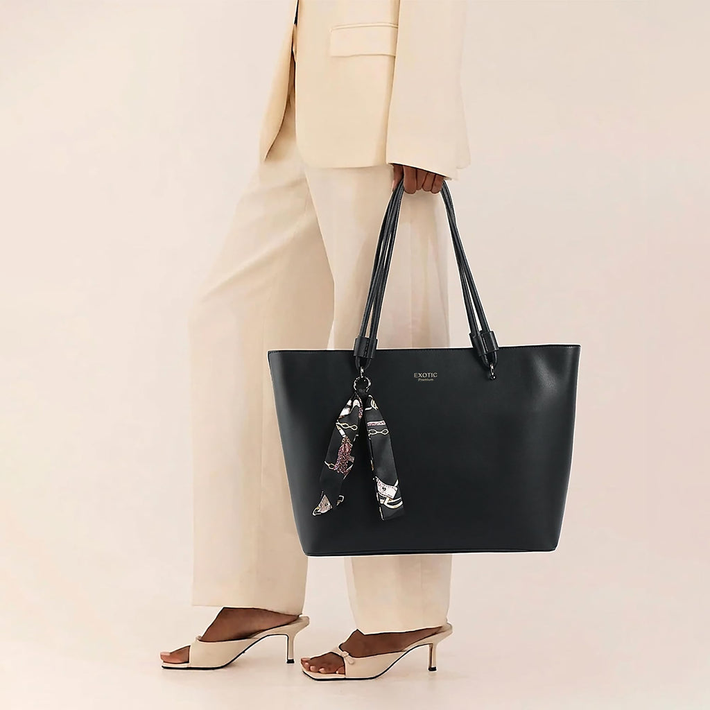 EXOTIC Celeste Structured Tote Bag with Laptop Compartment | Premium Minimal Design | Multi-Section Interior | Everyday Work & Travel Tote (Black)