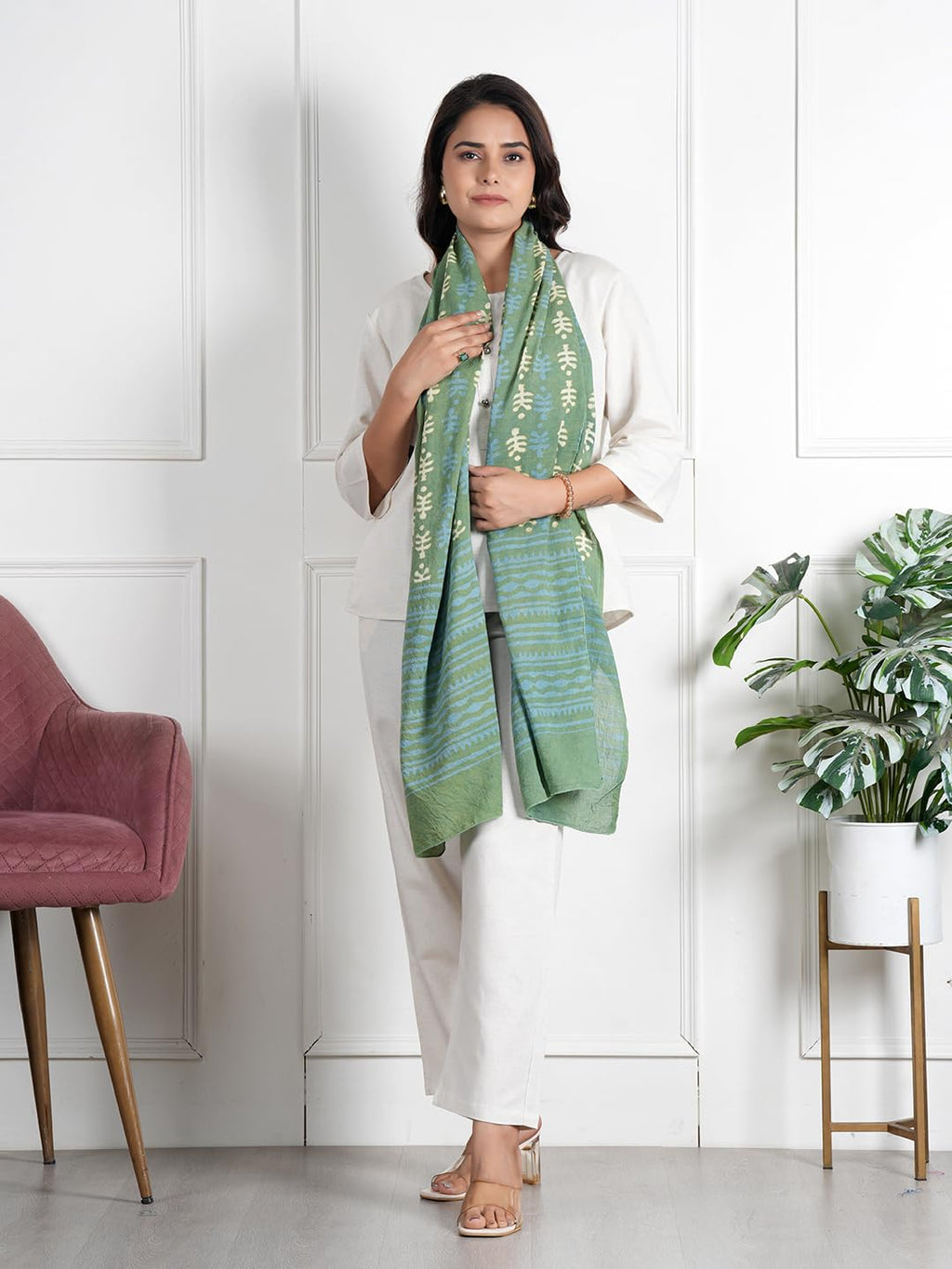 RAI SAHAB Women's Cotton Hand Block Printed Casual Stoles/Scarf(ST-75GREEN10)