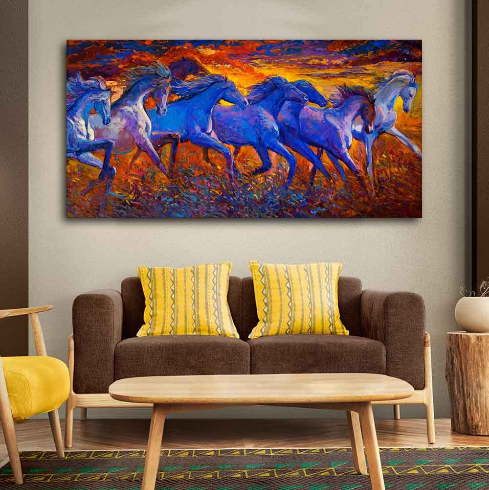 VIBECRAFTS Canvas Paintings for Living Room Drawing Room Seven Horses Running Canvas Wall Painting Fitted With Wooden Frame for Home | Office | Gift (PTVCH_2441N)