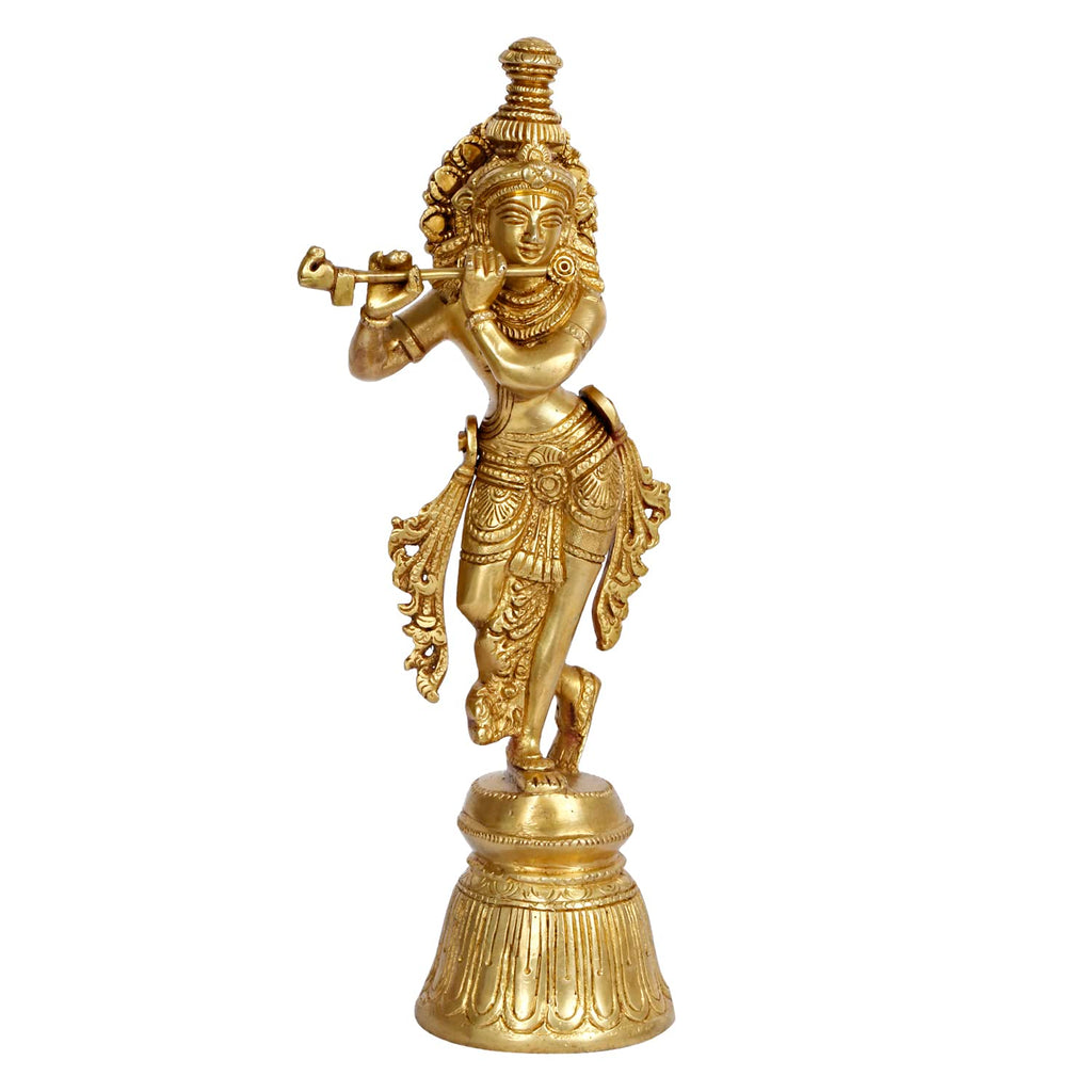 ARTVARKO Brass Lord Krishna Murti for Gift Idol Statue Large Size Krishna Playing Flute Standing On Beautiful Round Pedestal Height 11 Inches
