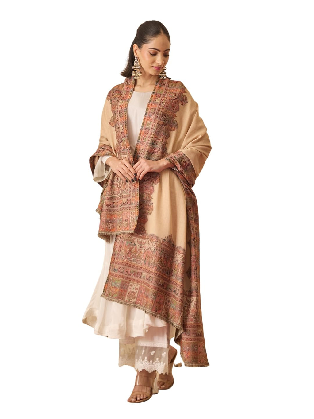 Pashmoda Women Arcadia Borders Kashmiri Jamawar Woven Design Shawl (Size: 40x80in, 101x203cm) SECS55