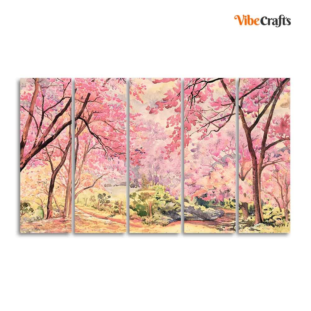 VIBECRAFTS Homcraft Cherry Blossom Tree Premium Wall Painting Set of Five Pieces For Home|Office|Living Room|Gift (PTVC5Pcs4_8641)