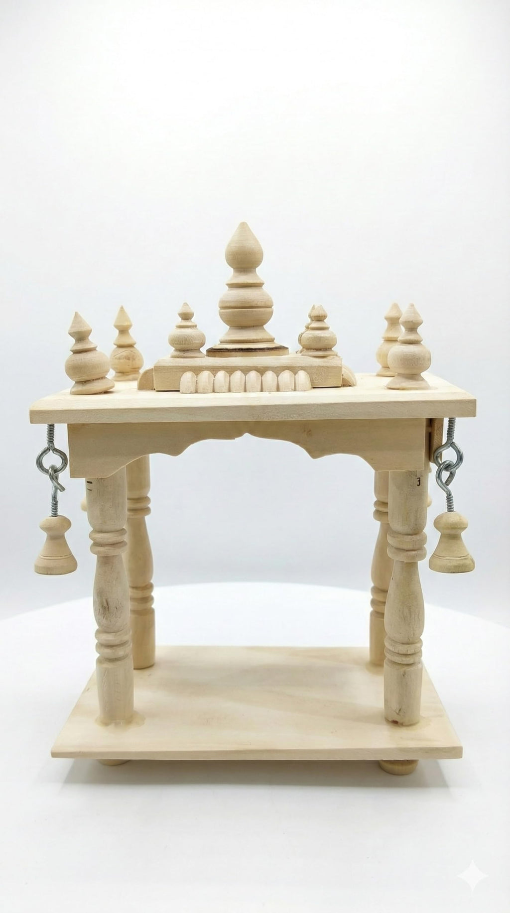 Handcrafted Wooden Temple Mandir for Home – Traditional Pooja Chowki with Bells, Wooden Mandap Stand for Idols, Home Décor & पूजा Setup