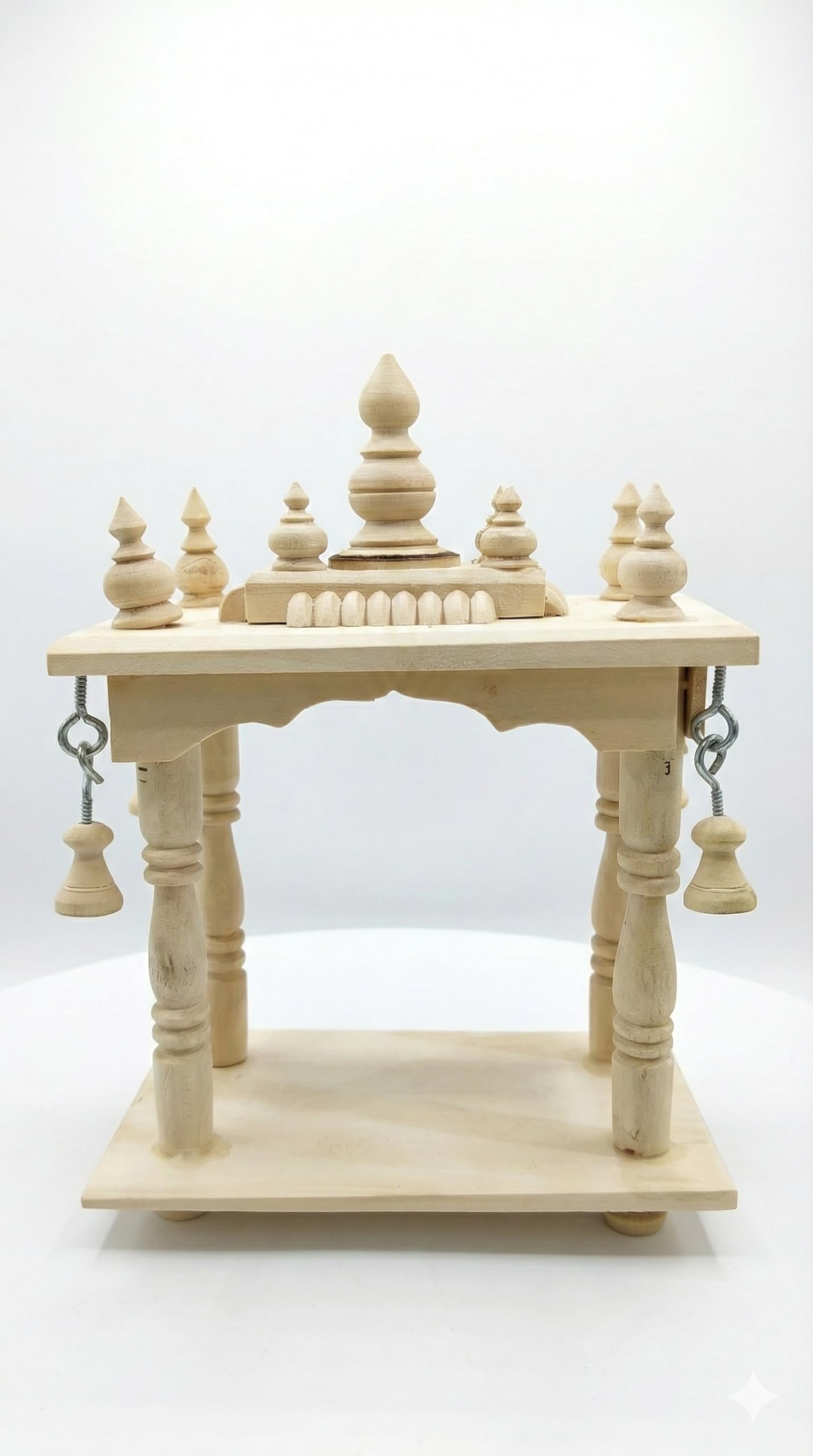 Handcrafted Wooden Temple Mandir for Home – Traditional Pooja Chowki with Bells, Wooden Mandap Stand for Idols, Home Décor & पूजा Setup