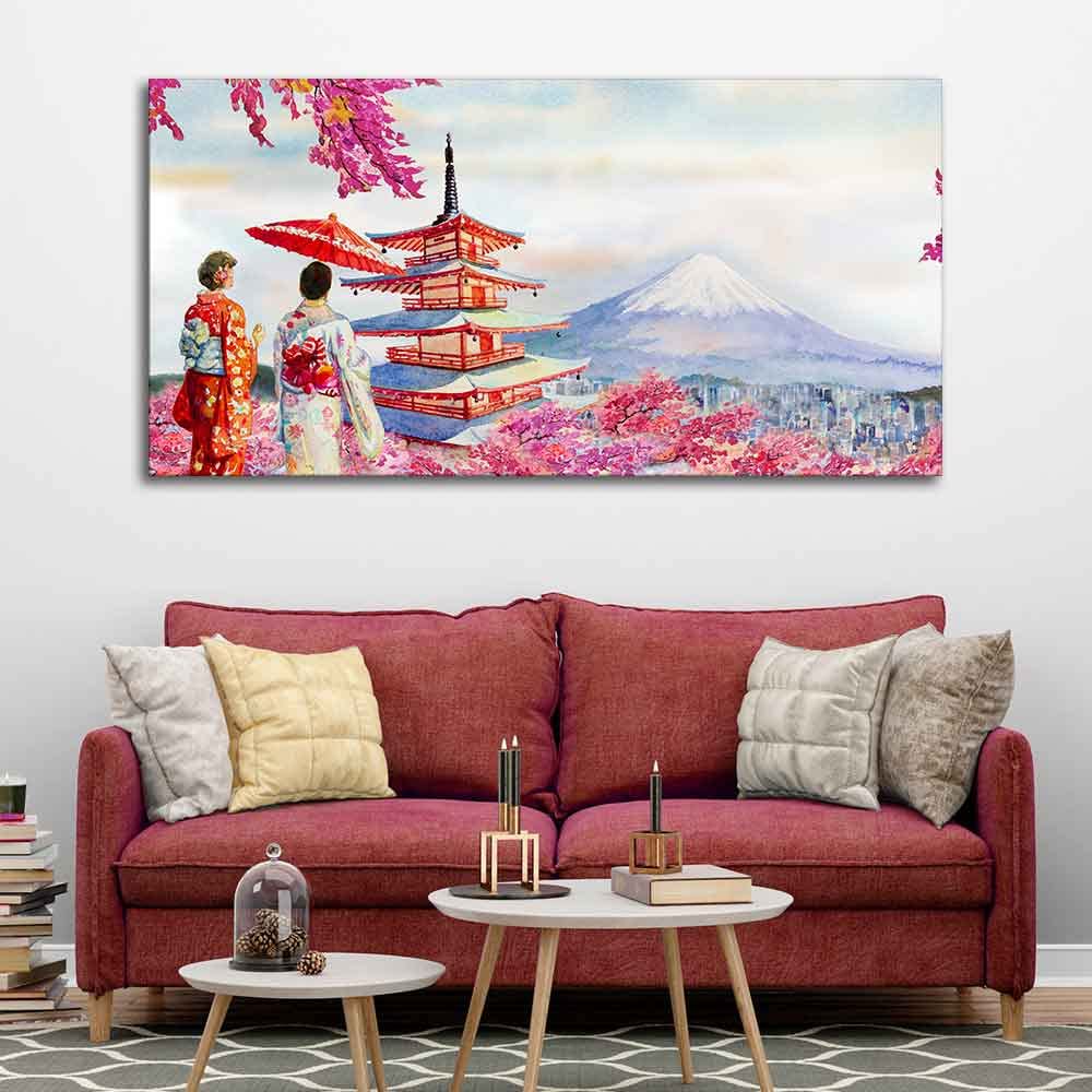 VIBECRAFTS Canvas Paintings for Living Room Drawing Room Women In Kimono Canvas Wall Painting Fitted With Wooden Frame For Home | Office | Living Room | Gifts (PTVCH_2549)(48 x 24 Inches)