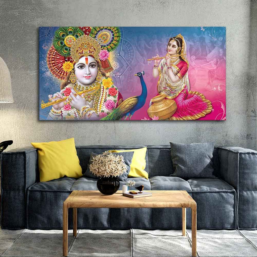 VIBECRAFTS Canvas Paintings for Living Room Drawing Room Radha And Kanha Ji Canvas Wall Painting Fitted With Wooden Frame For Home | Office | Living Room | Gifts (PTVCH_2524)
