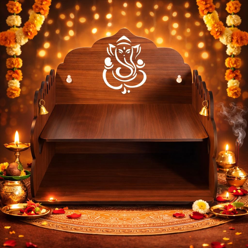 Bindian Wooden Pooja Mandir for Home Wall Mounted | Wooden Table Top God Temple | Pooja Stand for Home | Puja Mandir | Puja Unit for House | Temple for Office (Temple 3)