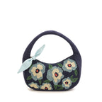 Boho Indigo Blossom Tote Bag – Navy Blue Floral Shoulder Bag for Women with Embroidered Flowers, Padded Handle & Ribbon Detail – Ideal for Travel, Brunch & Casual Outfits