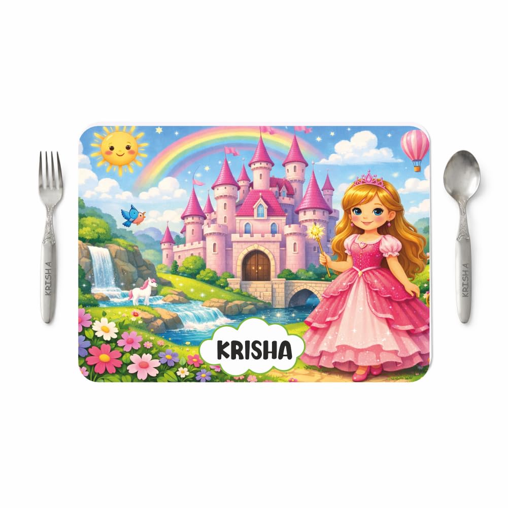 VS GIFTS Customized Table Mat with Name & Design Engraving | Personalized Dining Mat with Spoon & Fork | Customized Birthday Gift for Kids (Princess) Kafalo