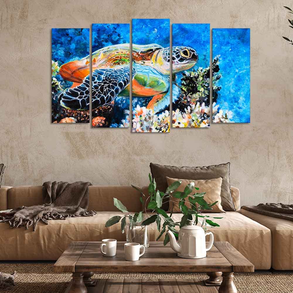 VIBECRAFTS Colorful Turtle Canvas Wall Painting Set of Five For Home|Office|Living Room|Gift (PTVC5Pcs2_6598)