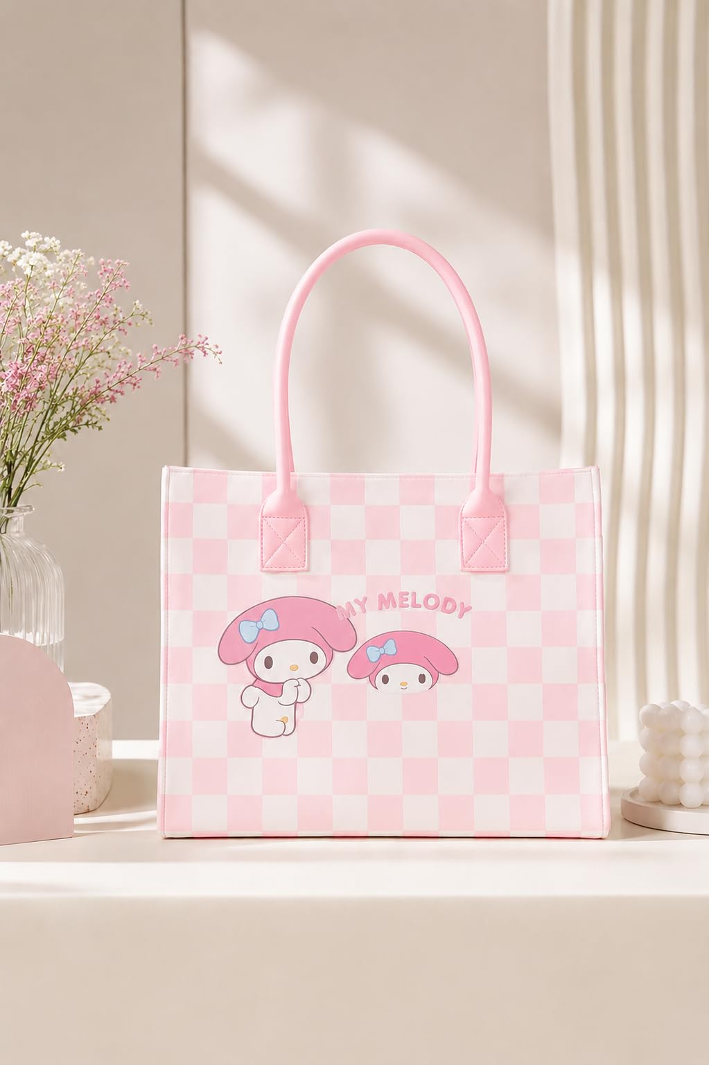 THE CUTE CRAZE New Cartoon Felt Tote Bag – Large Capacity Lightweight Shoulder Bag for Shopping, College & Daily Use (PINK)