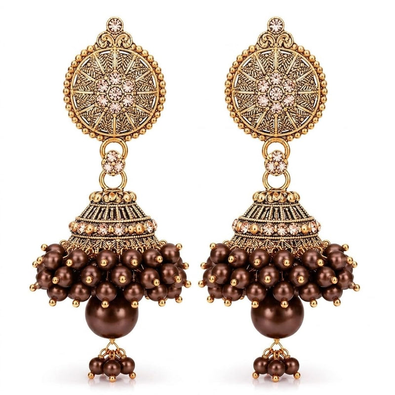 Traditional Gold-Plated pearl/moti Beaded Jhumka Earrings for Women | Ethnic Bridal & Festive Jewelry | Handmade Pearl Drop Jhumki | Lightweight Designer Earrings (brown chocolate)