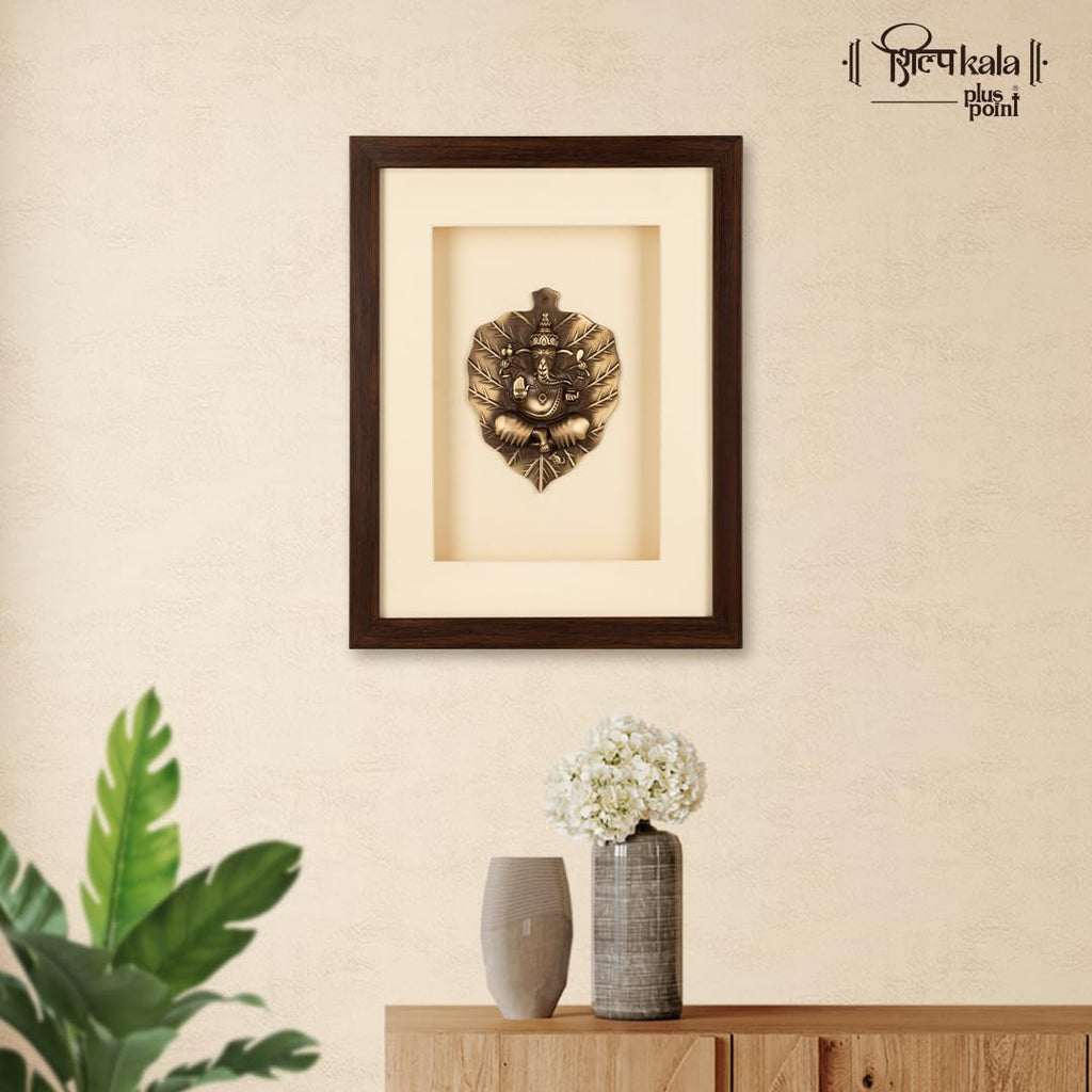 Shilpkala Pure Brass Artwork Patta Ganesh Wall Art 34 x 42 cm - Rectangular Frame, Premium Temple Decor, Home Wall Decor, Living Room Accent Piece, Entrance Display & Housewarming Gift (Cream)