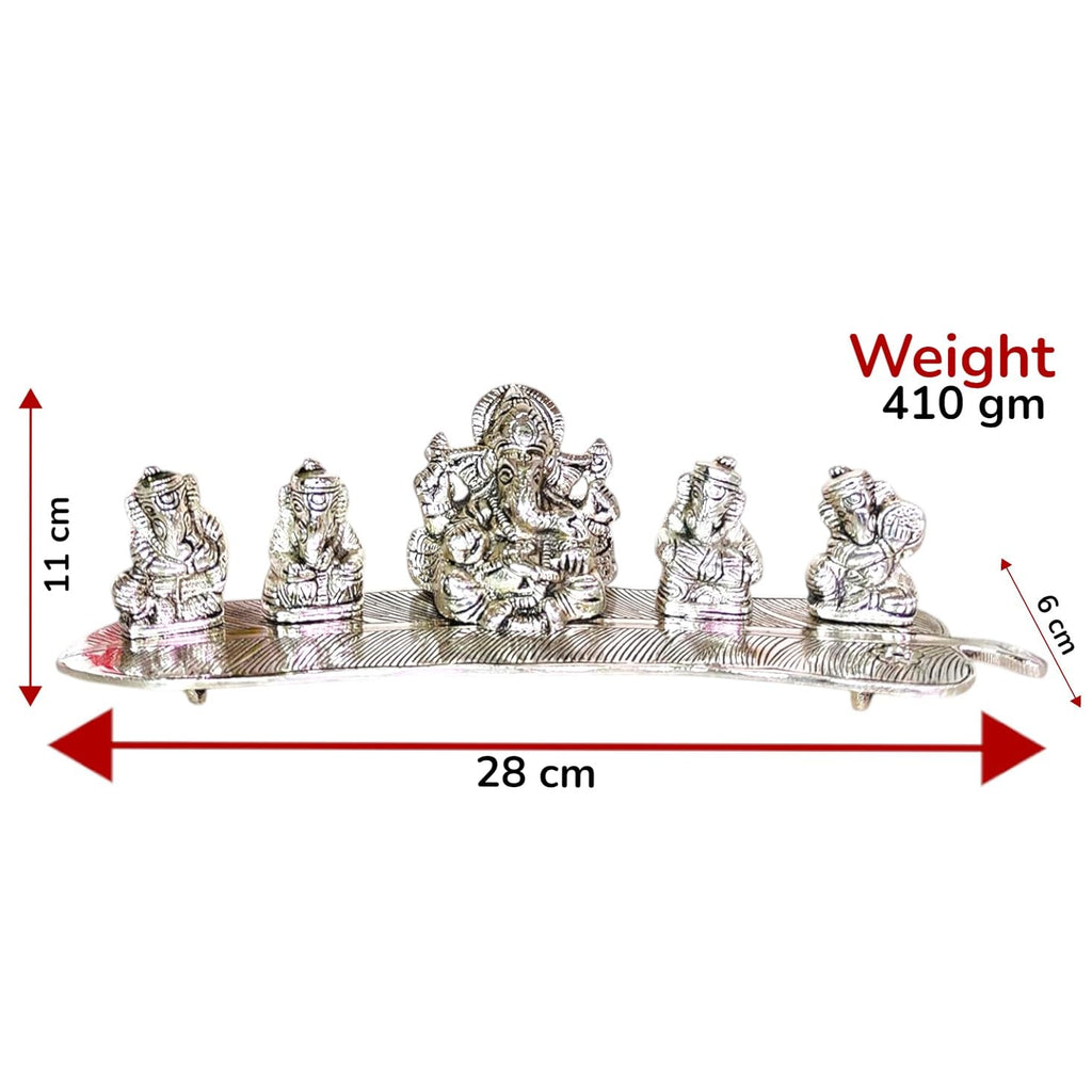 KridayKraft White Metal 5 Ganesh Silver Plated with Musical Instrument on Leaf for Home Décor Musical Ganesha for Home Décor of Corporate Gift, Diwali, House