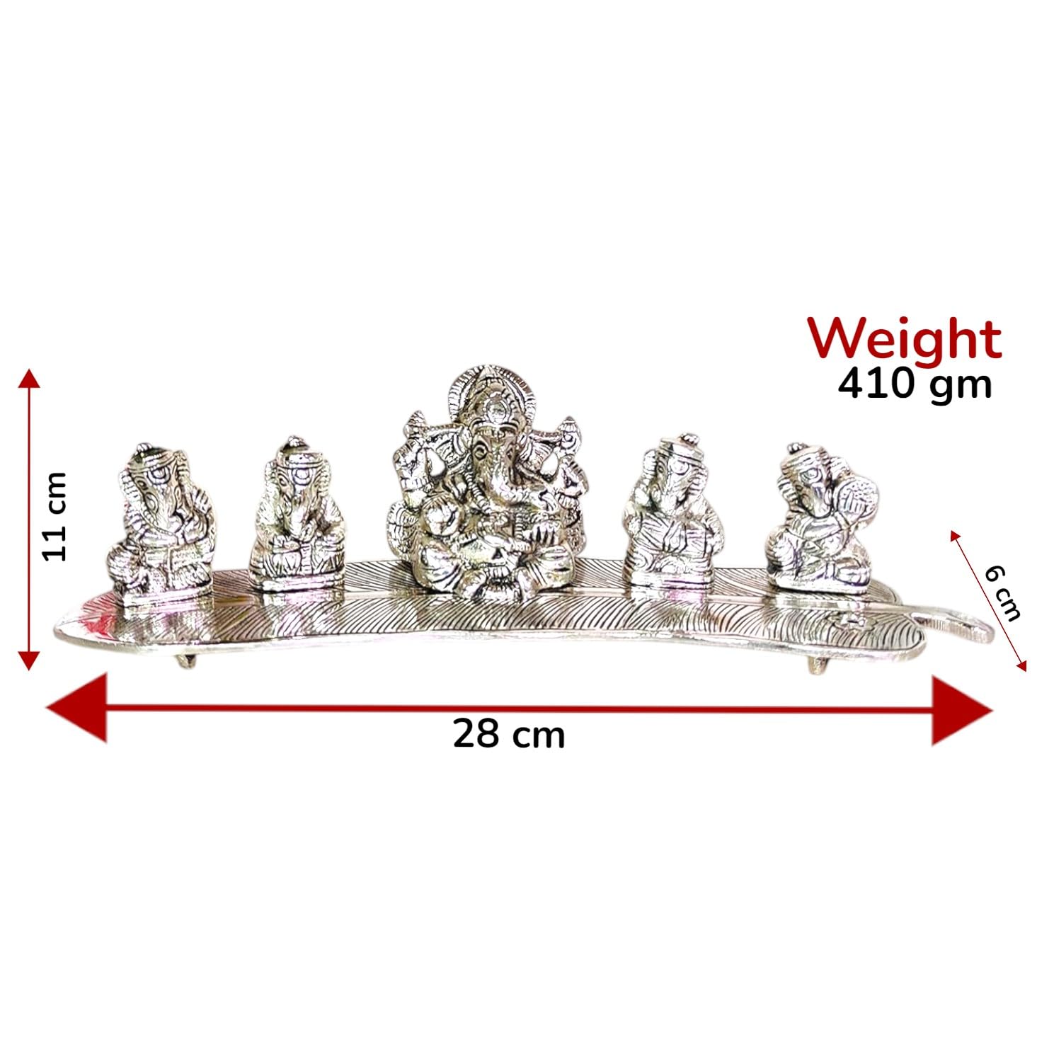 KridayKraft White Metal 5 Ganesh Silver Plated with Musical Instrument on Leaf for Home Décor Musical Ganesha for Home Décor of Corporate Gift, Diwali, House