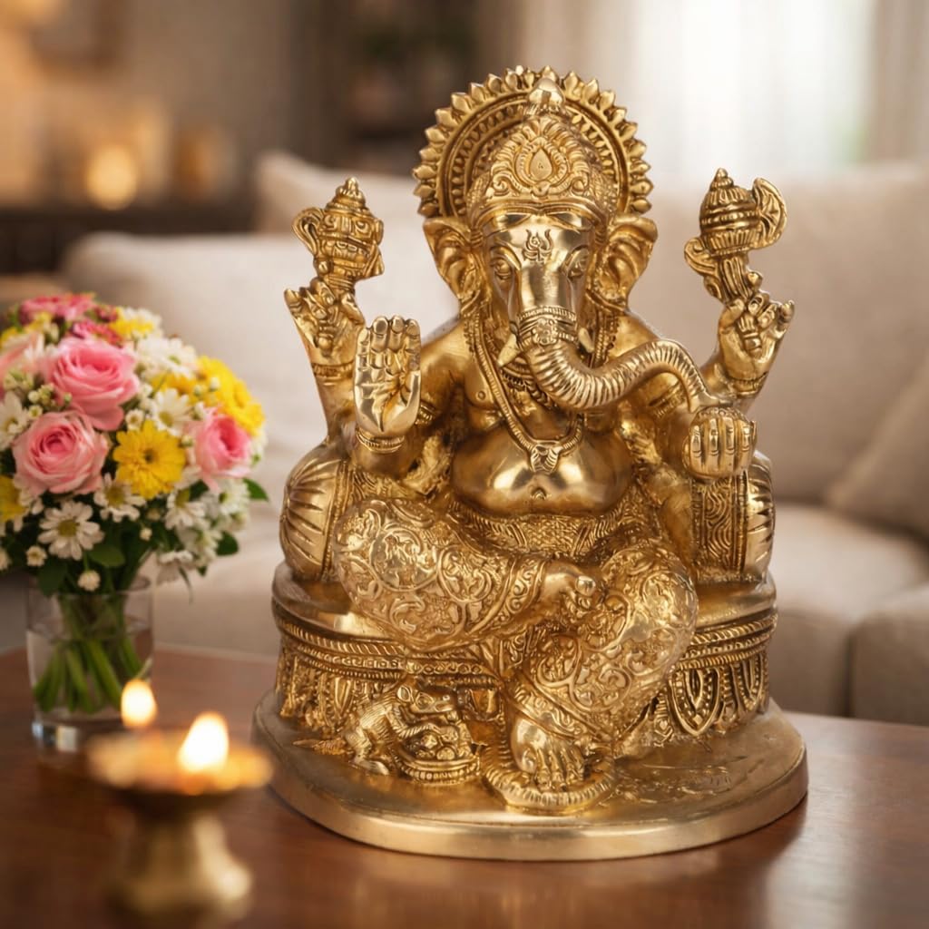 ARTVARKO Brass Ganesha Statue Ganesh Idol for Home Décor Living Room Office Year Gifts God Ganpati Vastu Murti Showpiece Religious Temple 7.5