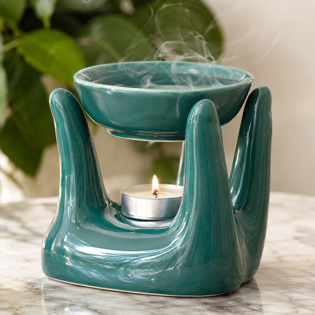 Pure Source India Ceramic Hand Type Oil Burner Diffuser for Home, Office, with 1 Tea Light Candle, Made by Porcelain (Green)