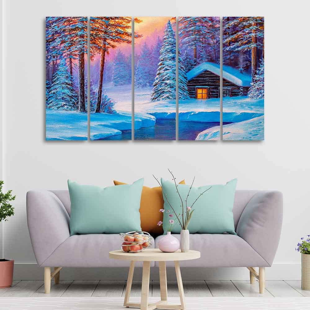 VIBECRAFTS Old Hut in the Winter Forest Canvas Wall Painting of Five Pieces For Home|Office|Living Room|Gift (PTVC5Pcs4_8668)