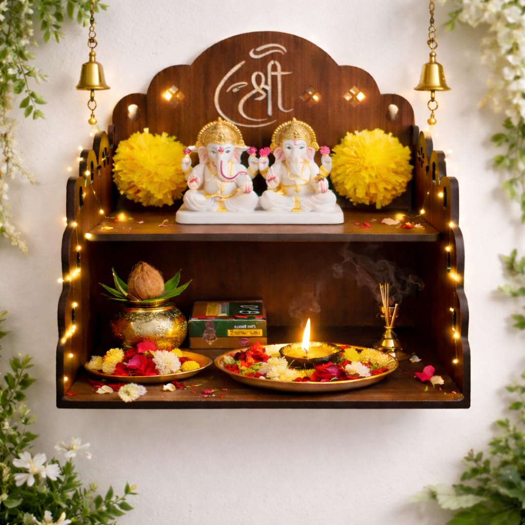 Bindian Wooden Pooja Mandir for Home Wall Mounted | Wooden Table Top God Temple | Pooja Stand for Home | Puja Mandir | Puja Unit for House | Temple for Office (Temple 5)