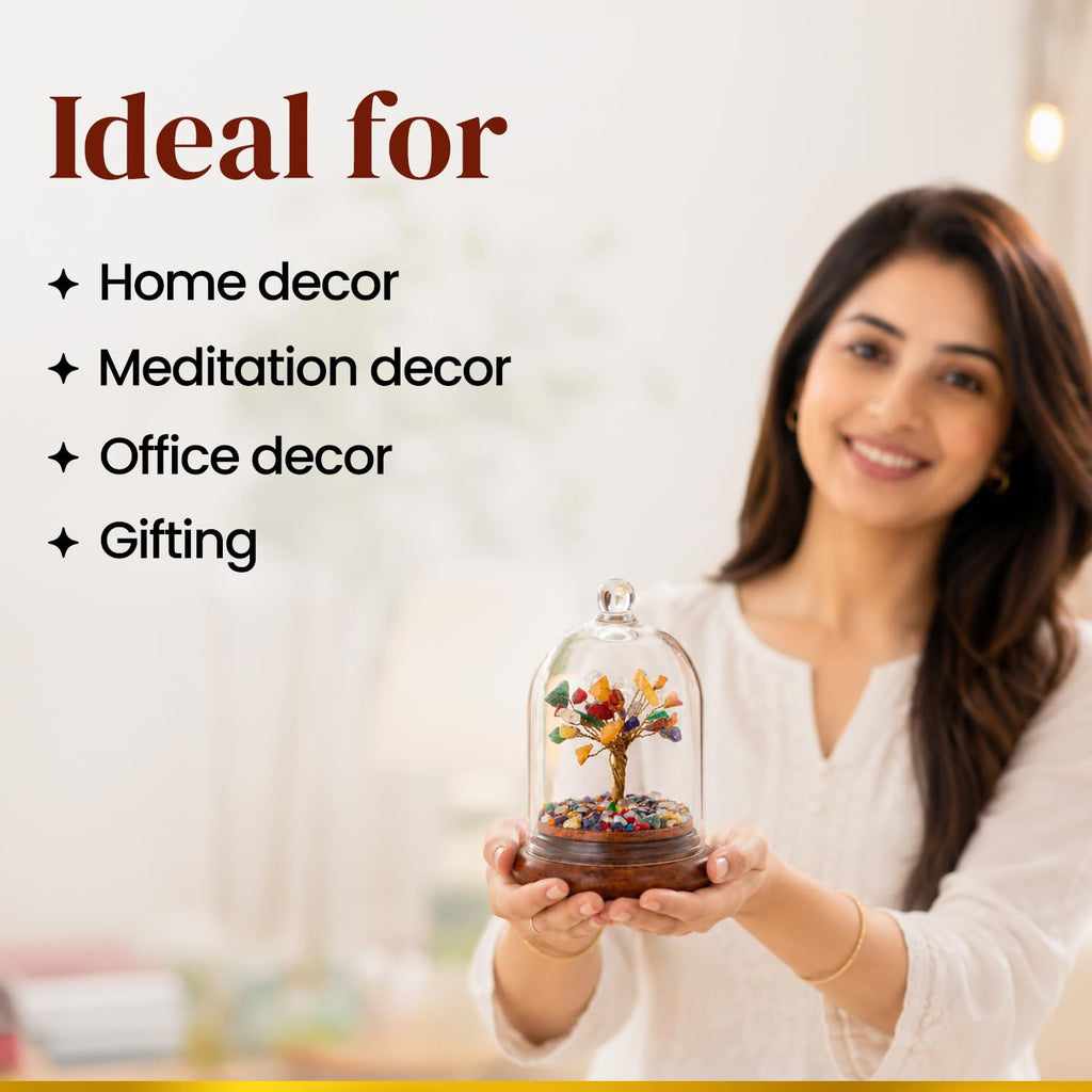BhagyaG 7 Chakra Crystal Tree with Glass Dome & Wooden Base | 7 Chakra Gemstone Tree Showpiece for Home, Office, Meditation & Décor | Handmade Healing Crystal Gift