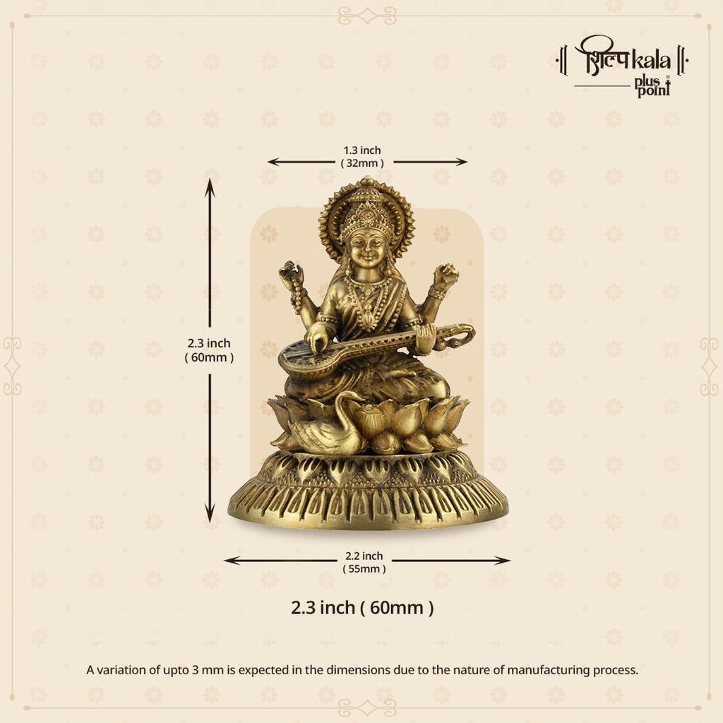 Shilpkala 2.3 Inch Brass Ultra Fine Saraswati Brass Idol with Veena Statue (Murti) for Study Table, Home & Office Decor, Worship & Gift