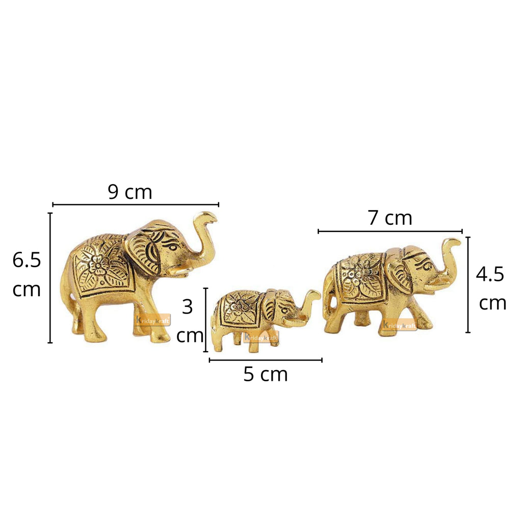 KridayKraft Metal Elephant Showpiece Set of 3 (Gold Polish) - Small Trunk Up Vastu Animal Statues for Home Decor, Office Table, Living Room & Housewarming Gifting