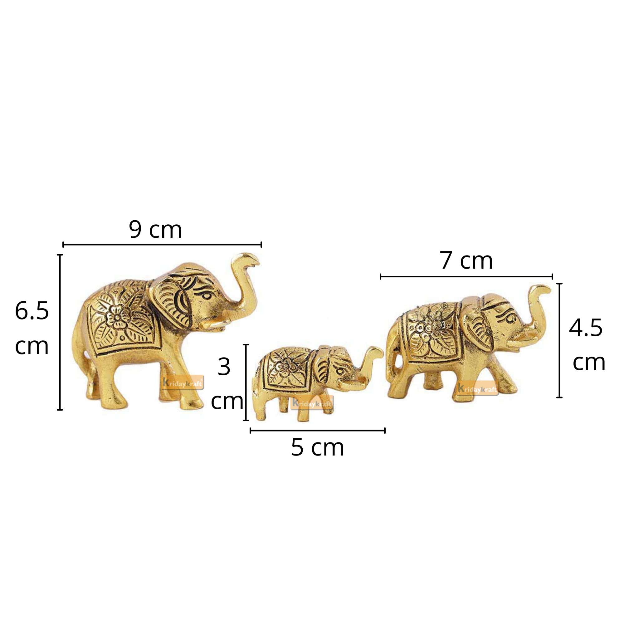 KridayKraft Metal Elephant Showpiece Set of 3 (Gold Polish) - Small Trunk Up Vastu Animal Statues for Home Decor, Office Table, Living Room & Housewarming Gifting