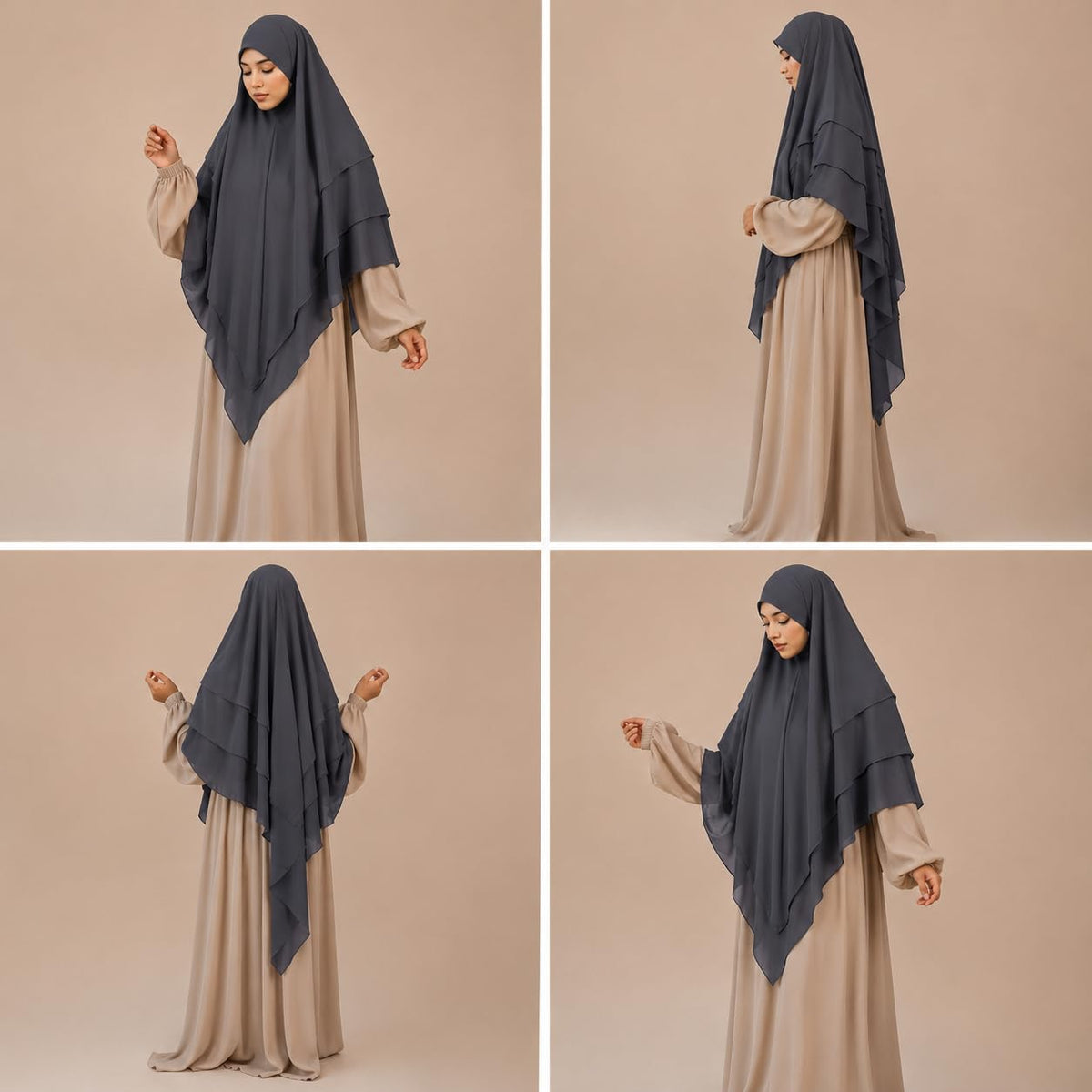 TRIPLE LAYER KHIMAR HIJAB/MULTI LAYER HIJAB/FULL SIZE KHIMAR LAYER (CEMENT GREY)