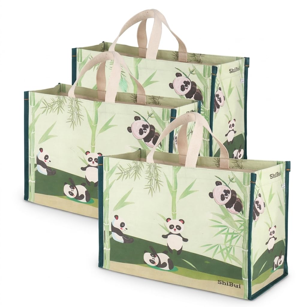 SHIBUI Big Heavy Duty Large Eco Waterproof Cotton Canvas Cloth Grocery Shopping Bag for Men Ladies Vegetable Milk Fruits with Hand Carry Handle Lunch Box Jhola Tote Bags (1, Panda Print)