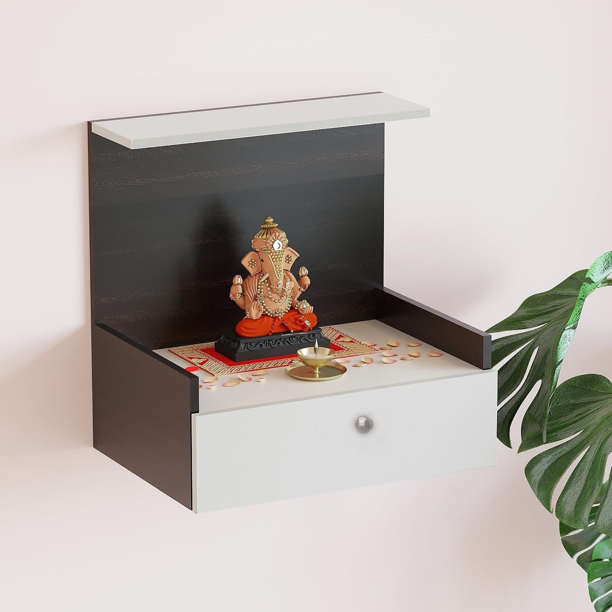 Anikaa Divine Wooden Temple Wall Hanging Temple Mount Puja Stand Pooja Shelf for Office & Home Decoration- (Wenge/White) D.I.Y