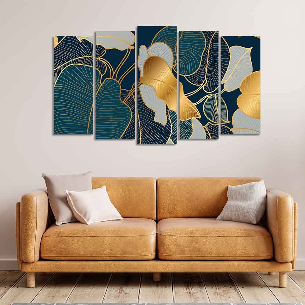 VIBECRAFTS Luxury Golden Art Monstera Leaves Five Pieces Canvas wall Painting For Home|Office|Living Room|Gift (PTVC5Pcs2_6592)