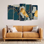 VIBECRAFTS Luxury Golden Art Monstera Leaves Five Pieces Canvas wall Painting For Home|Office|Living Room|Gift (PTVC5Pcs2_6592)