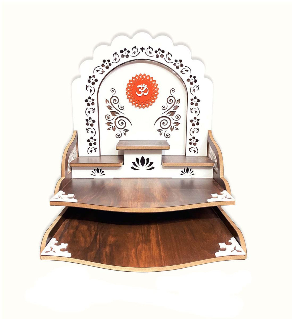 7CR Decorative Wooden Hindu Temple with OM Symbol - Compact Shelf Altar for Home Worship or Pooja Home Mandir with Shelf (Brown-Wood) Size-Width x Height:11.5 inch x 14 inch
