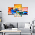 VIBECRAFTS Beautiful Boats And Sunset 4 Pieces Canvas Wall Painting Fitted With Wooden Frame For Home | Office | Living Room | Gifts (PTVC4Pcs4_16501N)