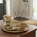 KridayKraft Beautifully Carved Round Shape Framed Gold Plating Metal Hand Mirror For Makeup, Travelling, Salon Mirror & Decorative Mirror Antique Item For Wedding Gifts.