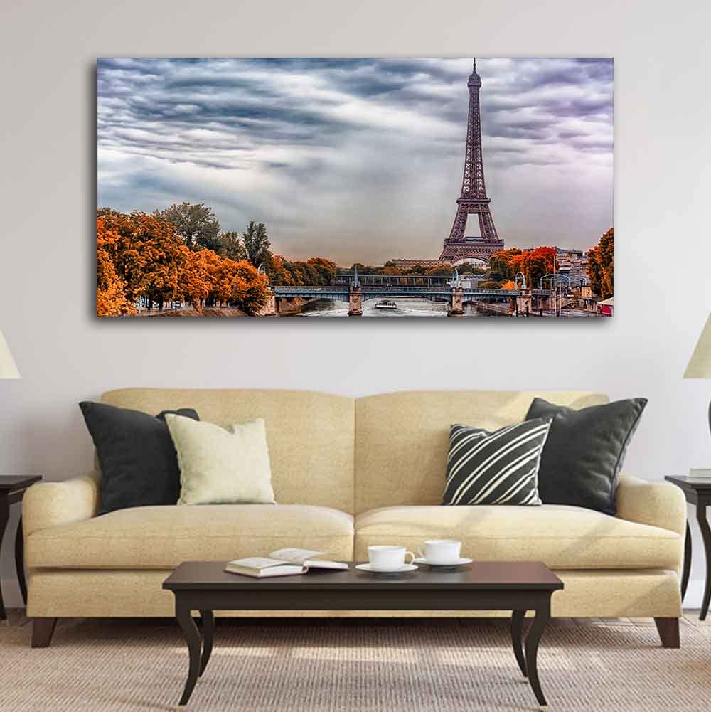 VIBECRAFTS Canvas Paintings for Living Room Drawing Room Eiffel Tower And Seine River Canvas Wall Painting Fitted With Wooden Frame For Home | Office | Living Room | Gift (PTVCH_2462)