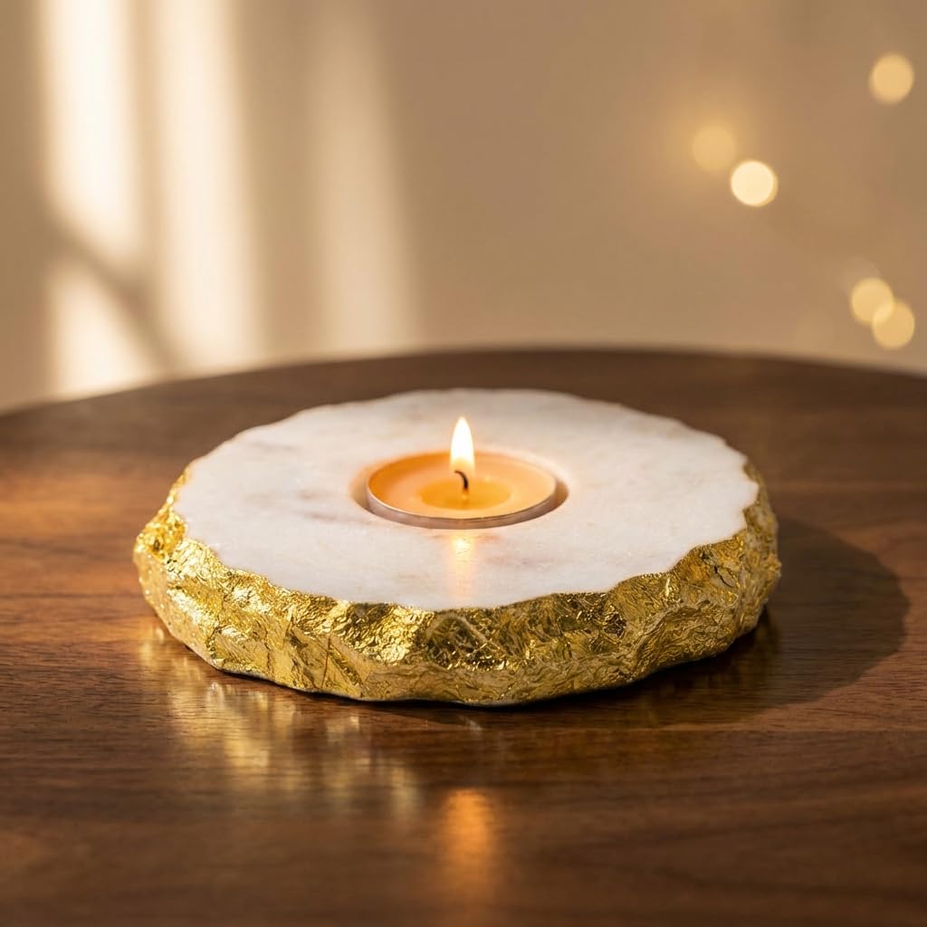 House OF Wemy Golden foil Marble Tea Light Holder/Luxury Candle Holder for Home Decor and Candle Light Dinner/Handcrafted by Indian Artisans/Festive Gifting - Pack of 1