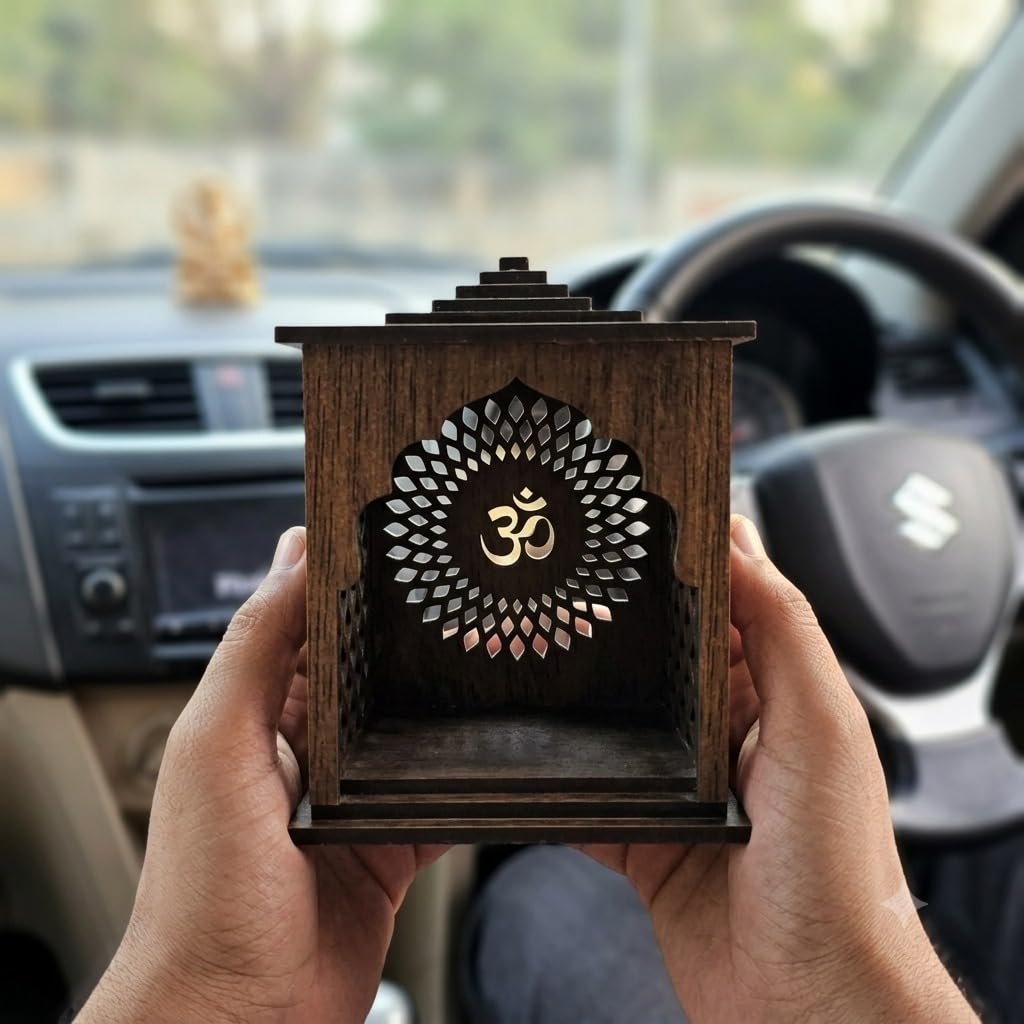 Rebirth Enterprises Wooden Mandir for Home Temple | Pooja Mandir for Home | Decorative Wooden Temple with Om Design | Mini Pooja Ghar for Home Decor | Engineered Wood Prayer Cabinet | Dark Brown