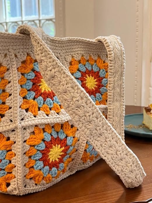 M/S DIGITAL HANDICRAFT Womens Stylish Cotton Hand-crochet Spacious Tote Shopping Bag Handmade Knitting Shoulder Bag, Vintage Style Crochet Bohemian Bag