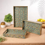 Amimashop® Wooden Serving Tray Set of 3 with Handles – 16, 14 & 12 Inch Rectangular Decorative Tray | Green Floral Gold Engraving Waterproof Tea Coffee Serving Tray | Wooden Tray Set