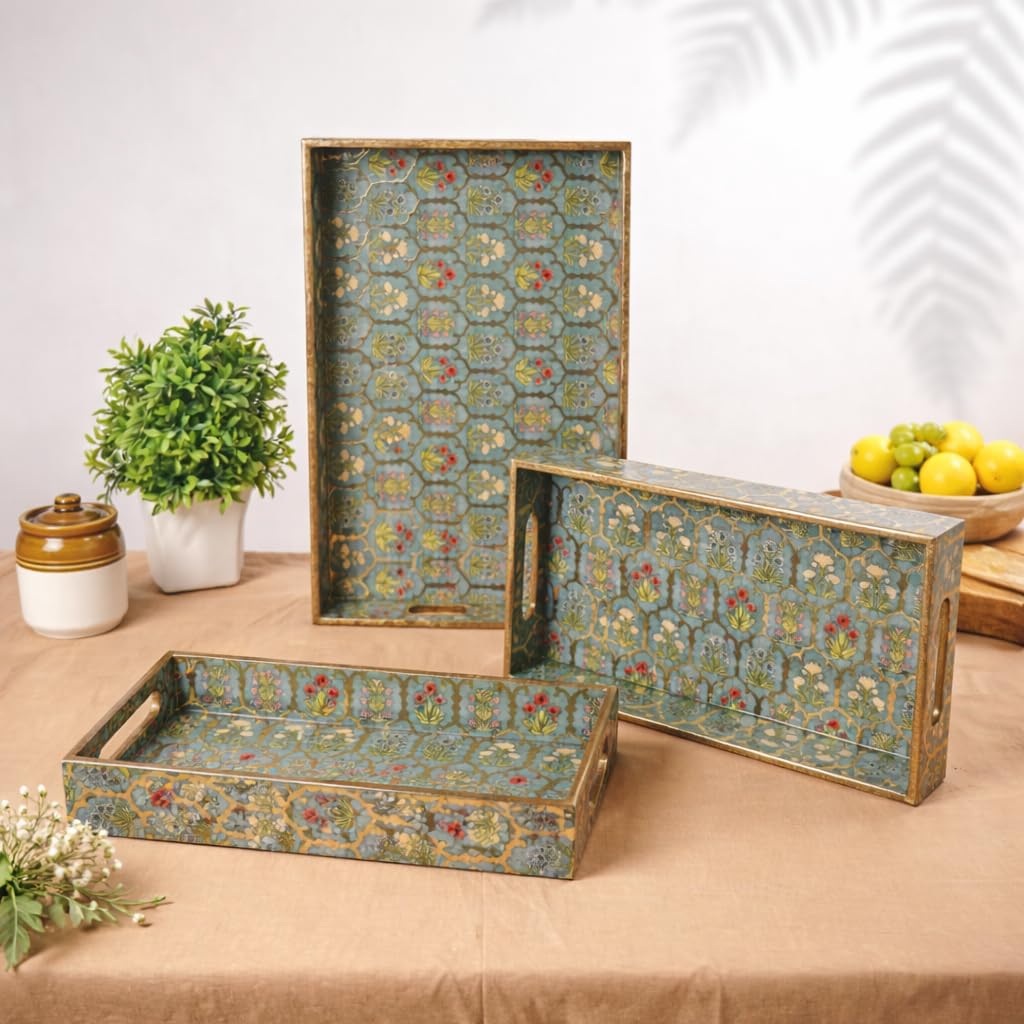 Amimashop® Wooden Serving Tray Set of 3 with Handles – 16, 14 & 12 Inch Rectangular Decorative Tray | Green Floral Gold Engraving Waterproof Tea Coffee Serving Tray | Wooden Tray Set