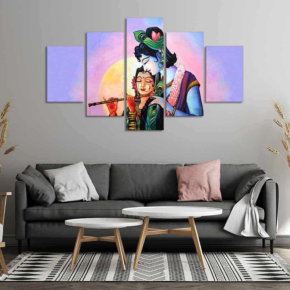 VIBECRAFTS Radha Krishna Canvas Wall Painting Set of Five Panels For Home|Office|Living Room|Gift (PTVC5Pcs1_5549)