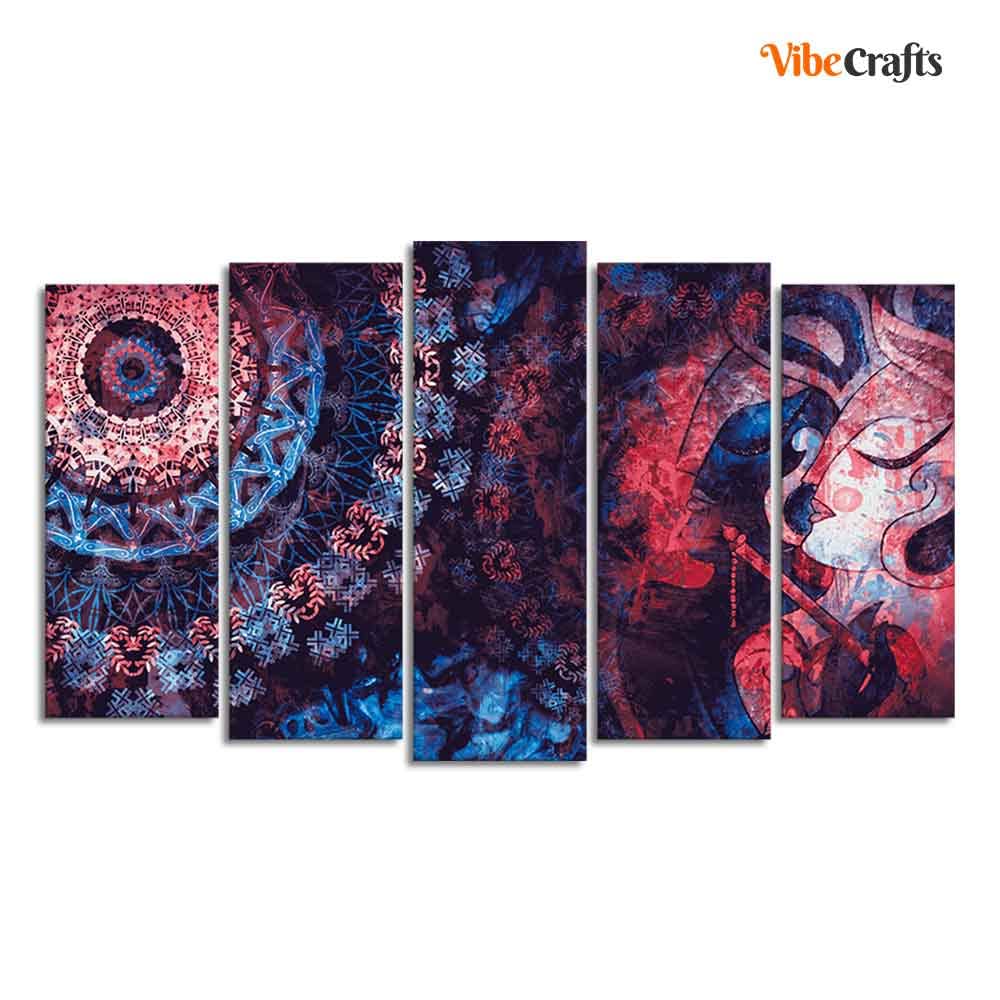 VIBECRAFTS Shree Radha Krishna Ancient Indian Vedic Big Wall Painting of Five Pieces For Home|Office|Living Room|Gift (PTVC5Pcs2_6613)