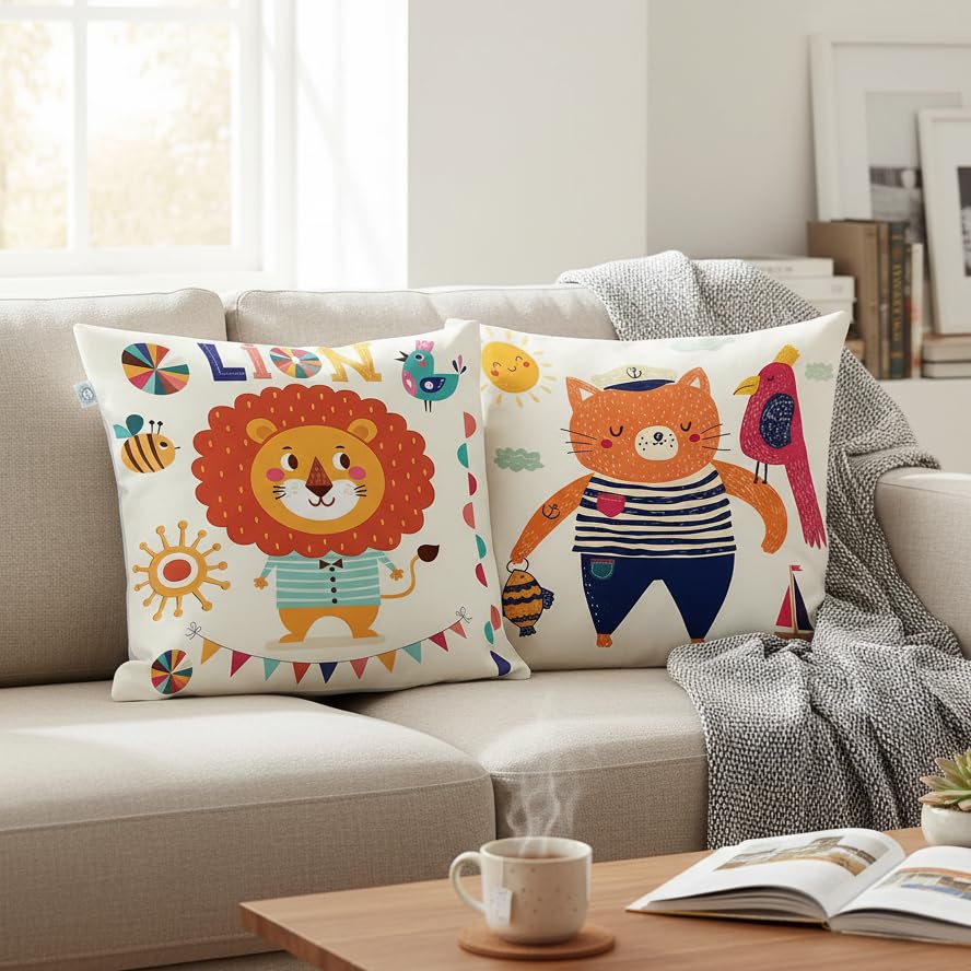 STITCHNEST Set of 2 Folk Art Animal Fantasy Collection Printed Polycotton Cushion Covers 24x24 Inches | Decorative Throw Pillow Covers for Sofa, Living Room, Bedroom | Perfect for Home Decor